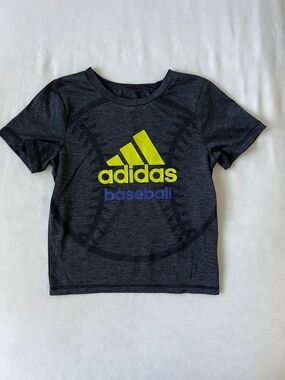 adidas Dark Gray Tee with Neon Yellow Logo and Blue 'baseball' Text